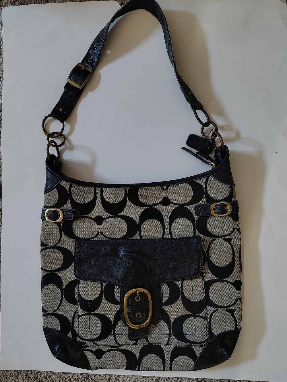 Canvas and Black Leather Shoulder Bag with Front Buckle